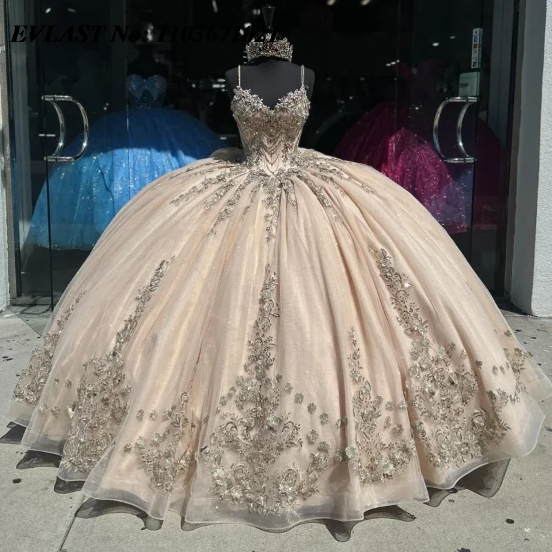 فستان EVLAST-Champagne Quinceanera ، ثوب كرة كتف مكشوف ، مزين بالترتر ، الخرز ، المكسيكي الحلو 16 ، SQ716 ، 15 عامًا