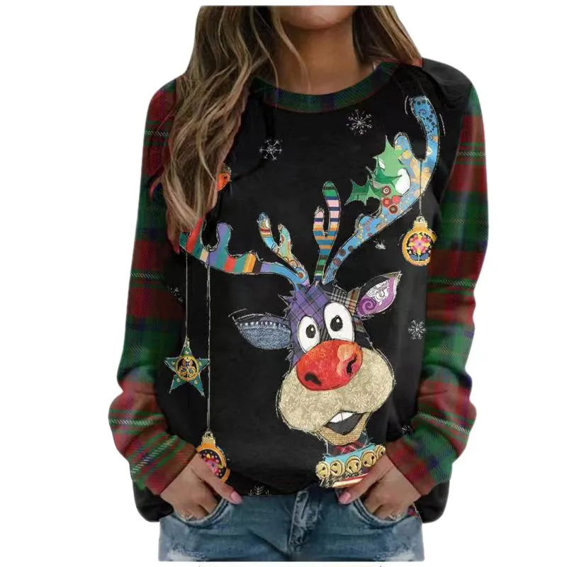 Cartoon Christmas Deer Pattern Women Fashion T-Shirts Long Sleeve 3D Printed Street Ladies Trend Tee 3XL Plus Size Casual Tops