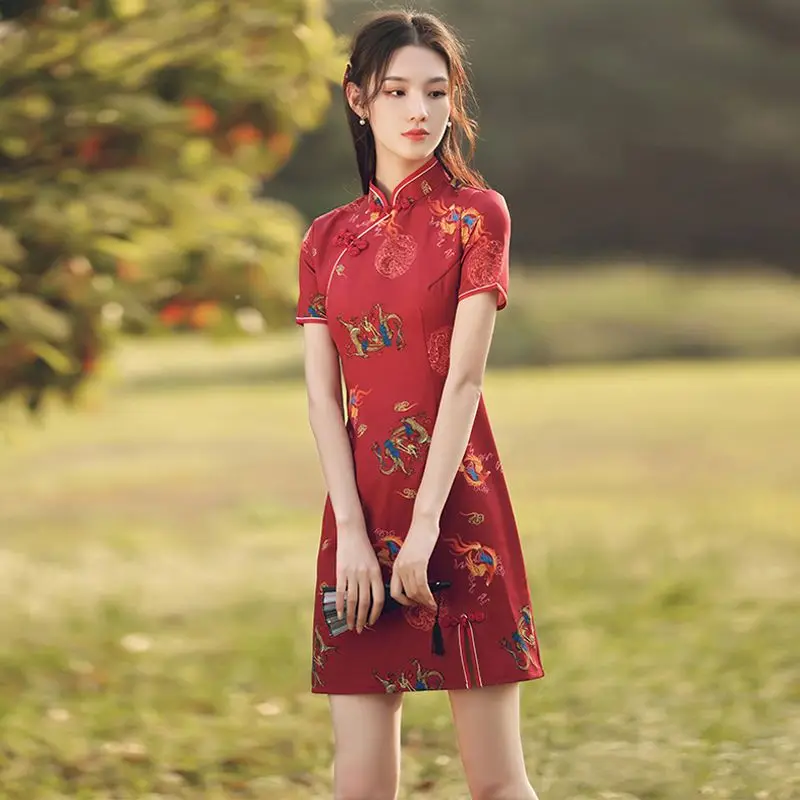 Short Cheongsam for Women, Red Qipao Dress, Chinese Traditional Dress for Girls