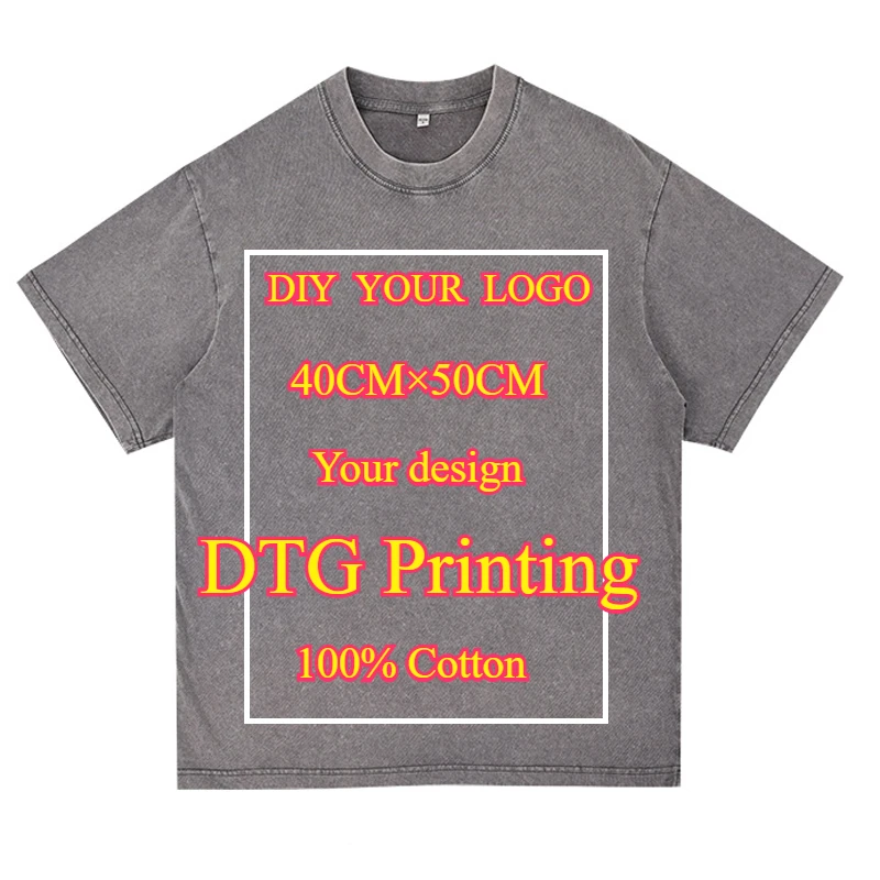 Customized T Shirt DTG Printing Men Women Oversized T-Shirt Heavyweight Cotton Retro Washed Tee Hip Hop Style Couple Streetwear