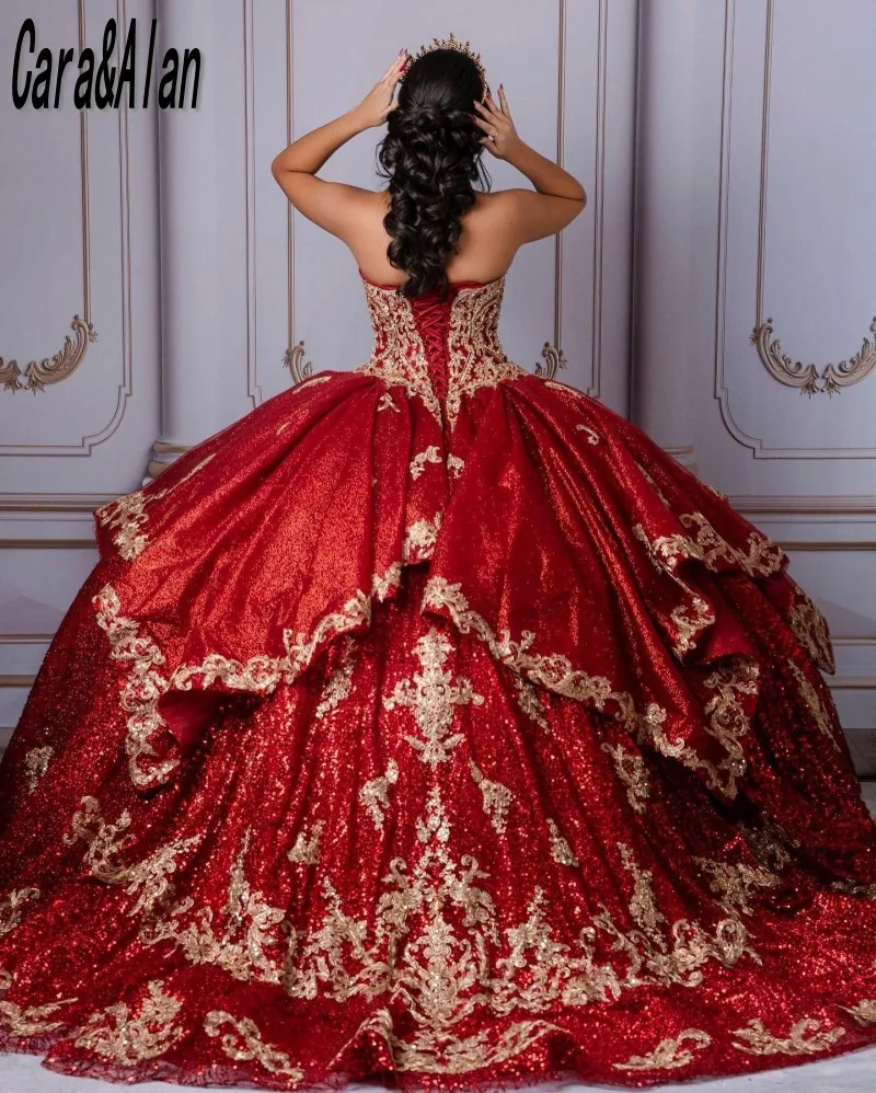 Cara & Alan-Vestidos de Quinceañera de color burdeos, con lentejuelas de corazón, Apliques de encaje, 15 Vestidos de desfile, Vestidos de lentejuelas de XV años