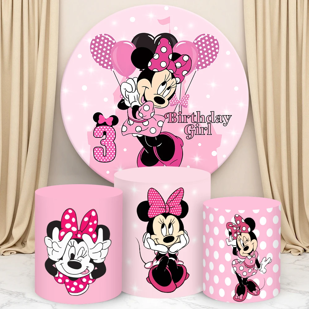 

Minnie Round Cylinder Backdrop Cover Custom Number Pink Girl Birthday Decor BabyShower Photograph Background Cylinder Cake Cover