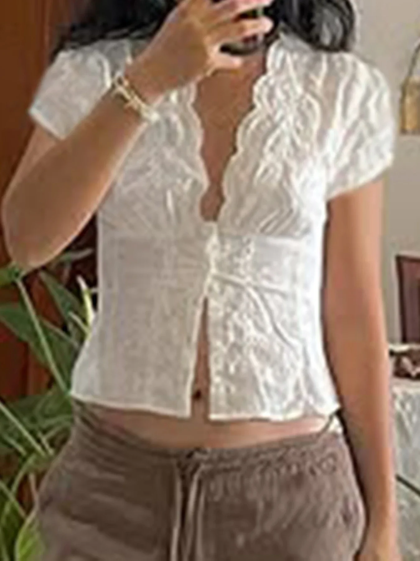 

2025 Cute Button Up Blouses Y2K Deep V-neck Slim Women's Tee Shirts Korean Style Sweet Short Sleeves Crop Clothes