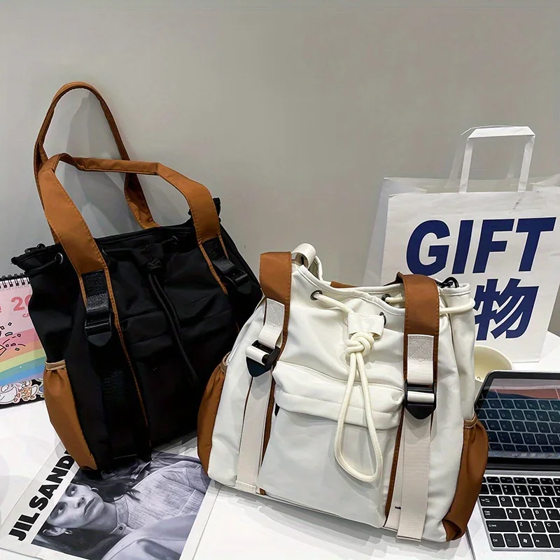 Large Capacity Nylon Student Class Tote Bag, Contrast Color Handbag, Simple Commuter One-Shoulder Bag, Casual Crossbody Bag