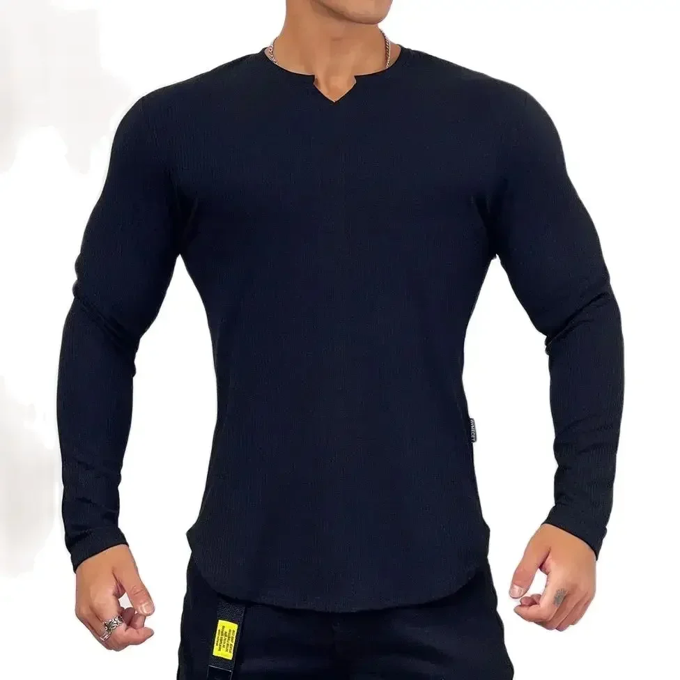 Autumn and Winter Men\'s Long sleeved T-shirt, Sports Quick Drying Slim Fit V-neck Fitness Top, Elastic Breathable Running