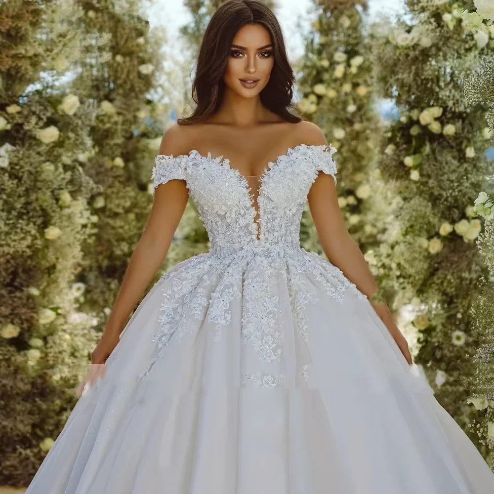 

Luxury Off The Shoulder Women's Wedding Dresses AppliqueBall Gown Princess Lace Up Bridal Gowns Customized Vestidos De Novia
