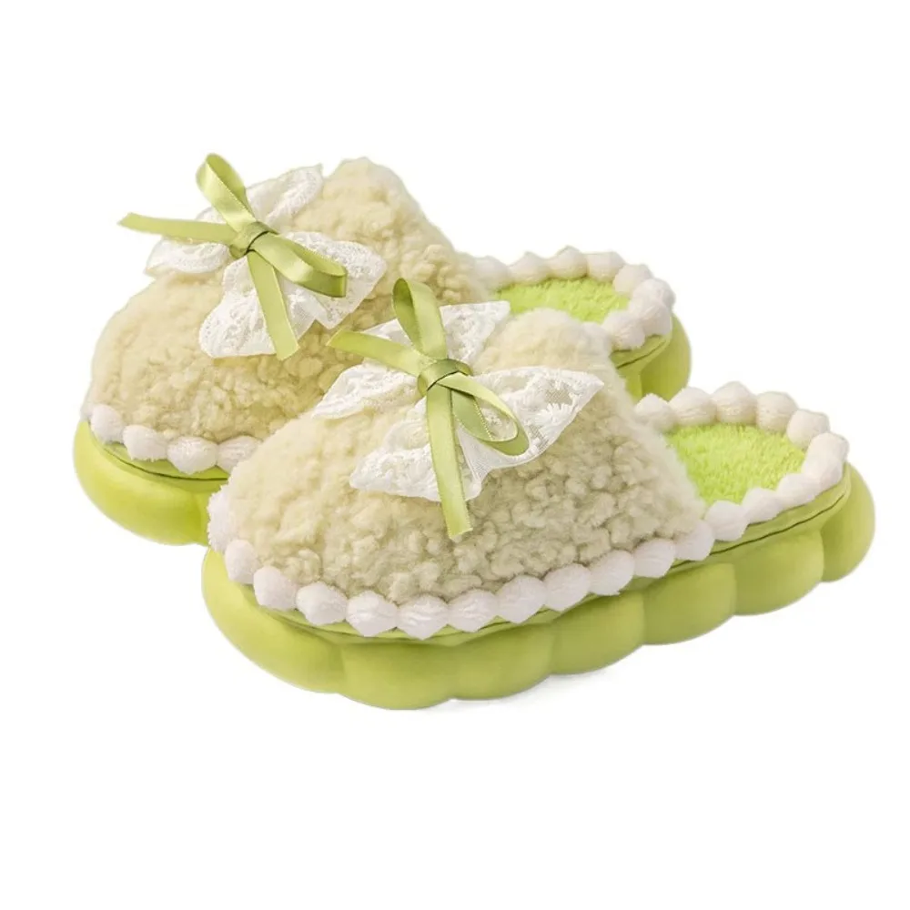

Comfortable Lace Bow Plush Bowtie Slippers Non-slip Thick-soled Coral Fleece Slippers Sweet Household Home Indoor Shoes Women