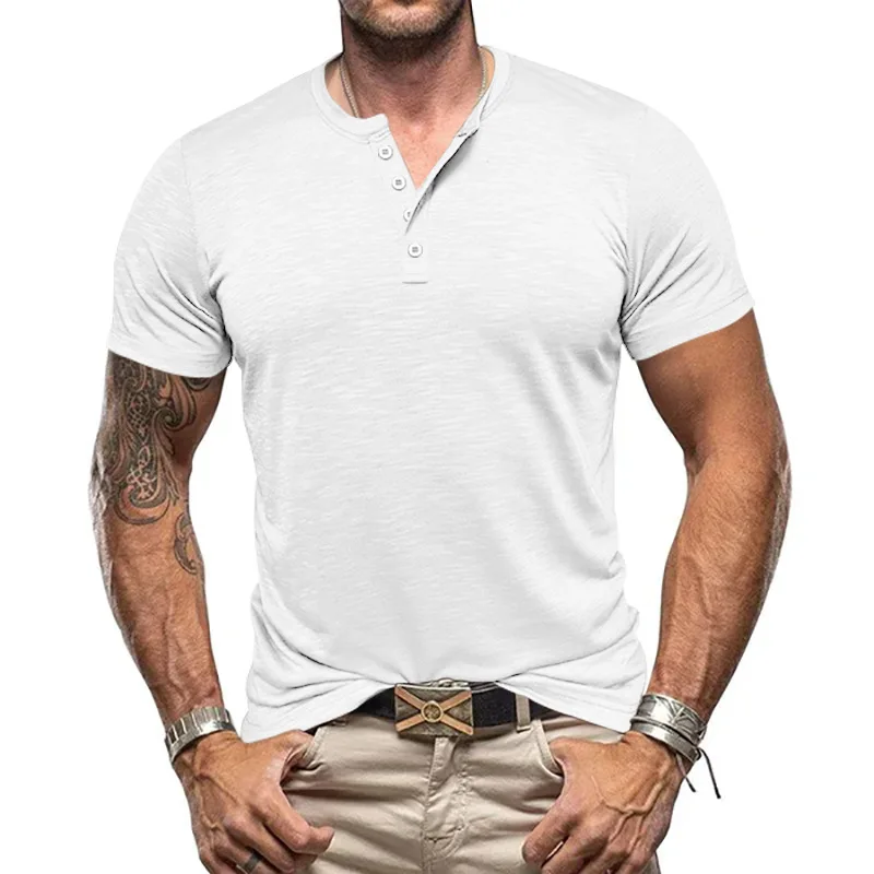 Summer Men's Short Sleeve T-Shirt Men's Henry Shirt Top T-Shirt