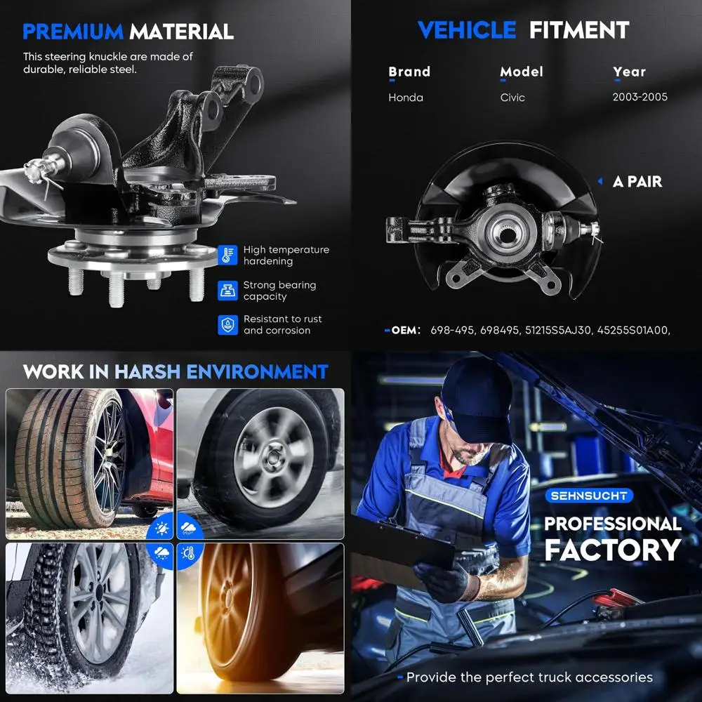 

Front Left and Right Side Steering Knuckle & Wheel Bearing Hub Assembly for Honda Civic 2003 2004 2005 1.7L, Replace for 698-494