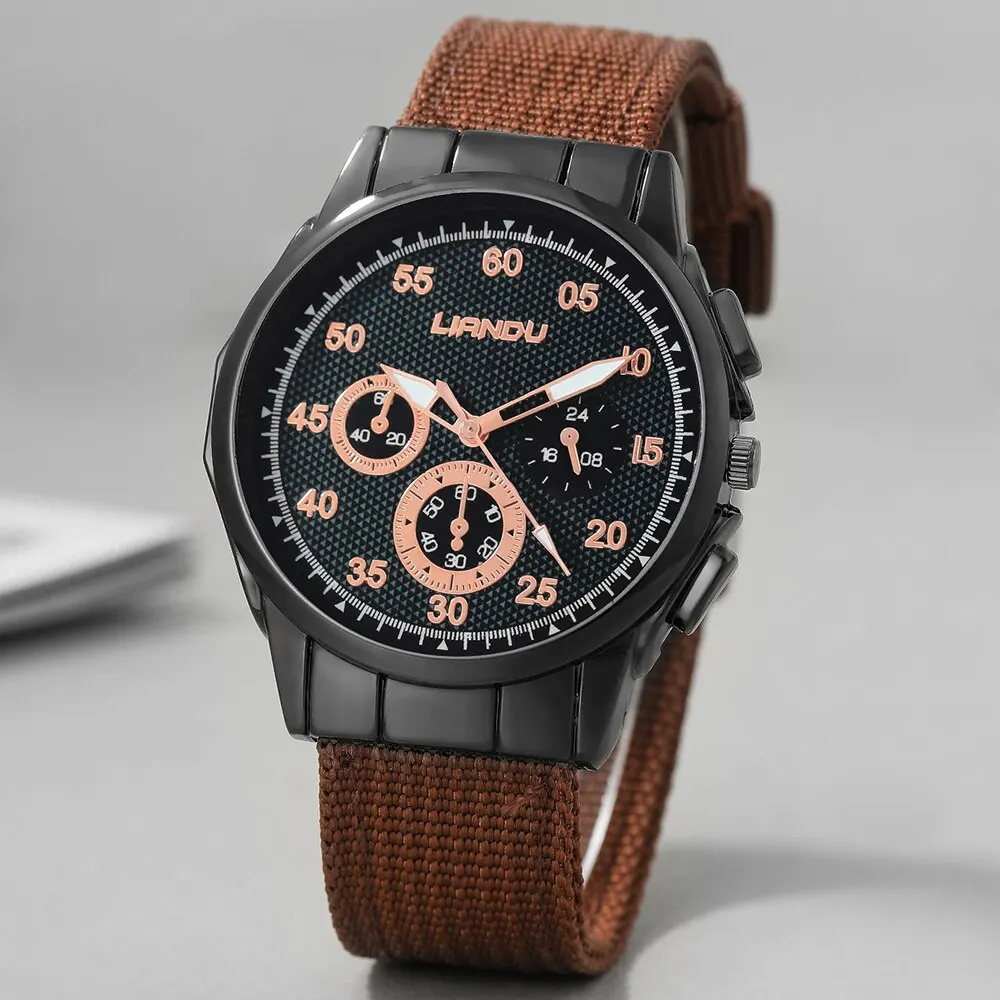 4pcs Brown Round Quartz Watch With Leather Bracelet Men Braided Nylon Business Watch Fashion Casual For Daily Sports