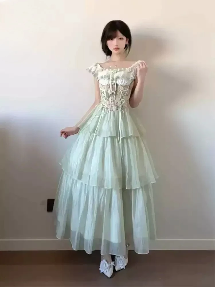 

French Coquette Corset Maxi Dress Women Floral Print Ruffle Off Shoulder Slim Fit Ruched Party Dress Elegant Casual Outfit
