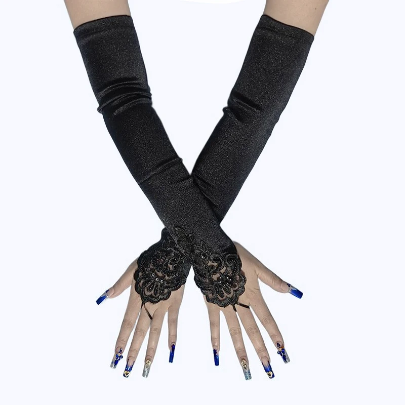 48cm Long Satin Sexy Lace Embroidery Hook Finger Gloves Retro Party Women Etiquette Drive Cosplay Dinner Dance Mittens