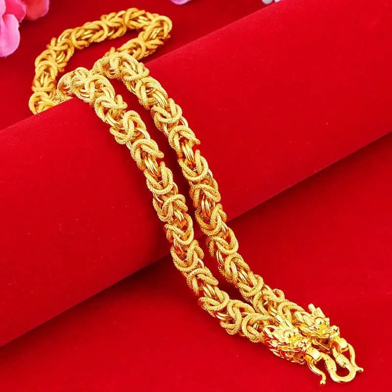 Gold  Real Gold Necklace Round Bead Boss Chain, 24K Domineering Fashion Jewelry Gift for Men Women Couples