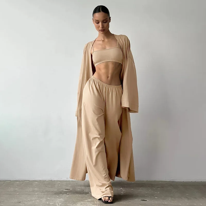 

Женский осенний новый однотонный жилет на подтяжках, халат с длинными рукавами, широкие брюки, комплект из трех предметов