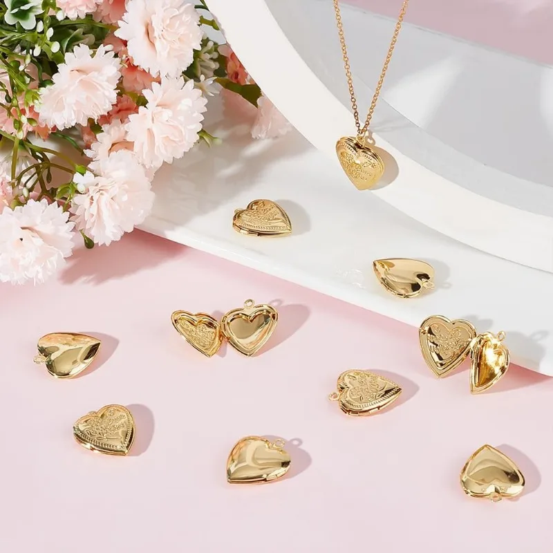 1 Box Heart/Scallop/Ribbon/Book Photo Frame Pendant Charms 18K Gold Plated Photo Locket Charms with Loop for Jewelry Making