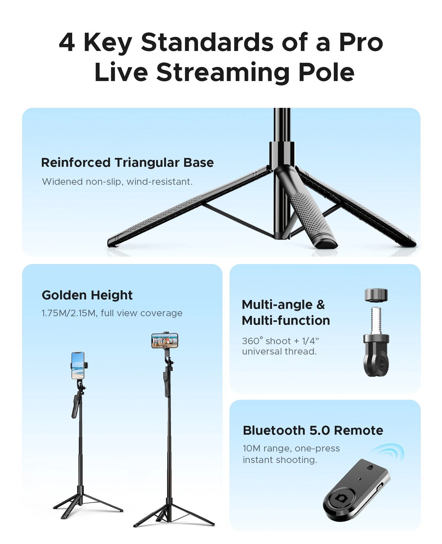 ORICO 2.15m Aluminum Selfie Stick Tripod BT Remote 360° Rotatable for iPhone Mobile Phone Camera Live Streaming Travel