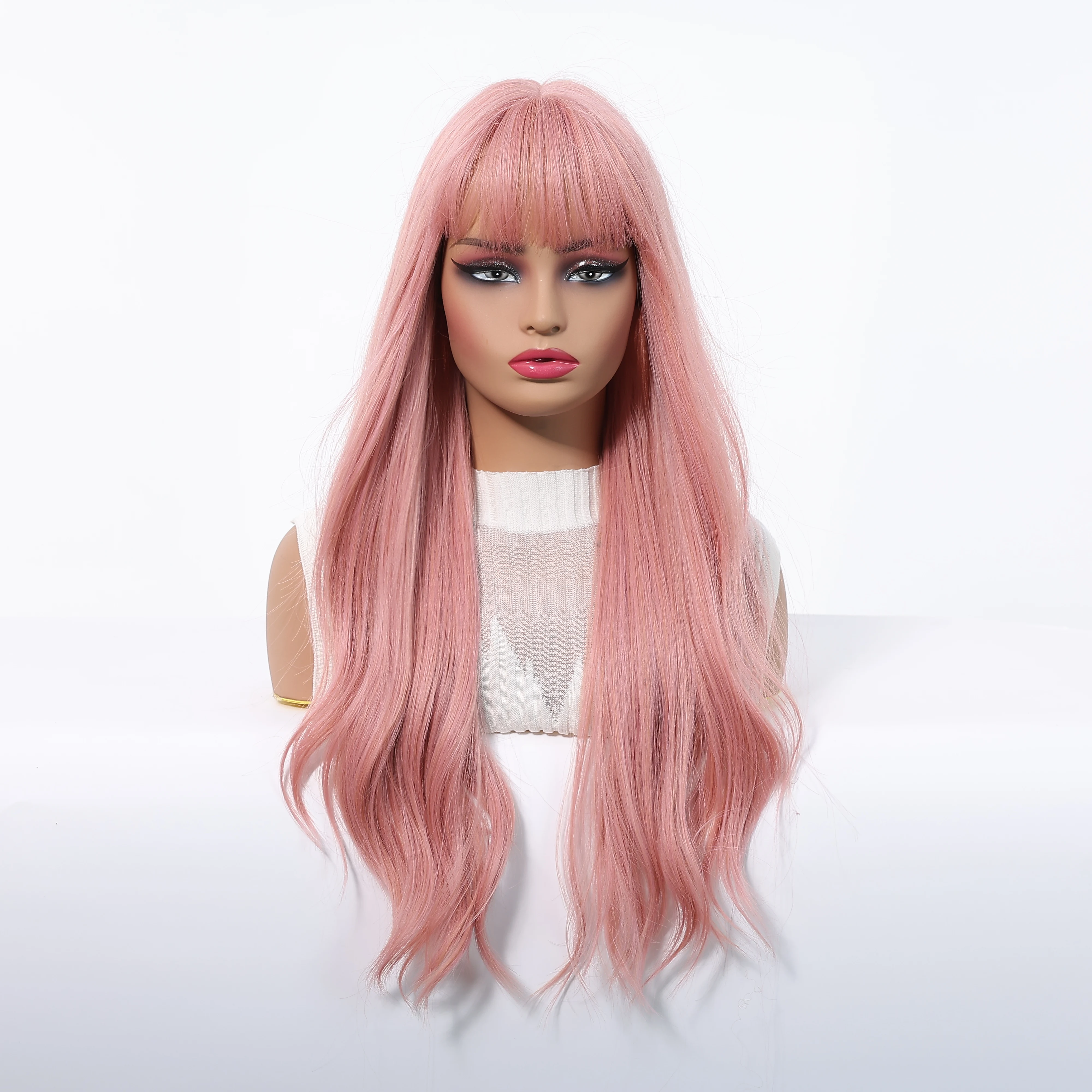 شعر مستعار طويل مموج مائي مع غرة وردي ملون، شعر مستعار حريري للنساء للحفلات اليومية، شعر صناعي ناعم طبيعي مقاوم للحرارة #4