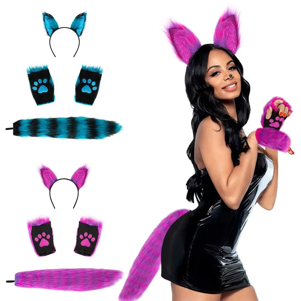 

Костюм кошки из искусственного меха, волка, лисы, аксессуары для рождественского Хэллоуина, повязка на голову с ушками, перчатки и хвост, комплект фестиваля, вечеринки, маскарада