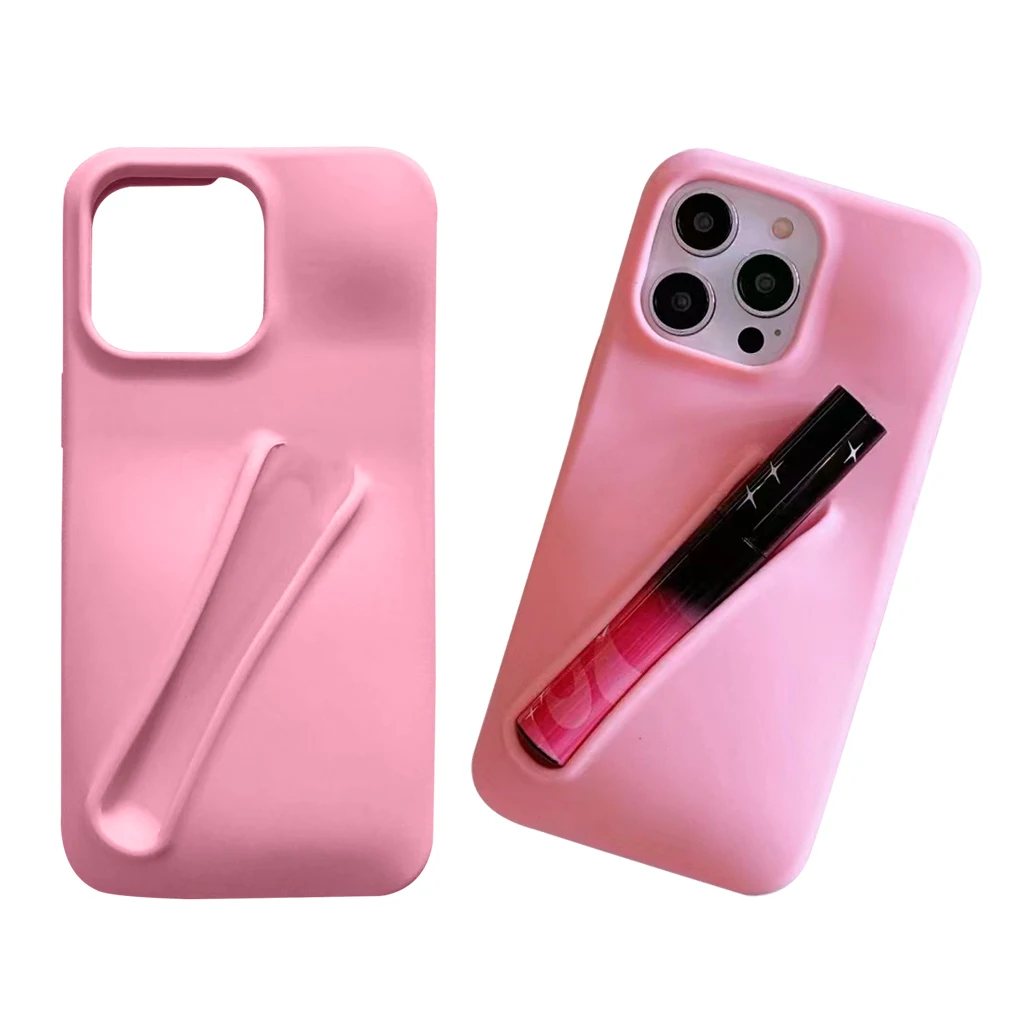 Lippenstift Opslag Telefoon Case Voor Iphone 16 13 14 15 Pro Max Creatieve Draagbare Siliconen Telefoon Beschermhoezen Lipgloss Houder