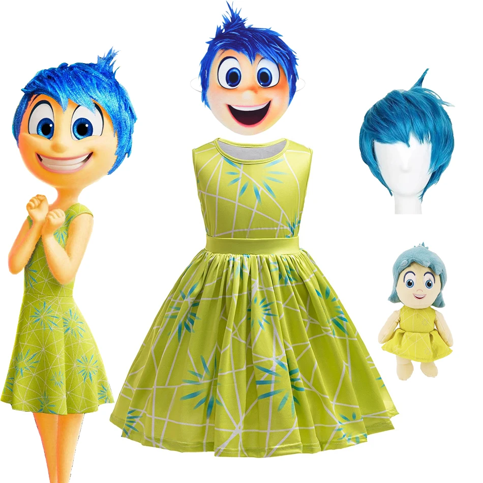 

Костюмы Disney Inside Out 2, платье из полиэстера с зеленым принтом для девочек, одежда для киноактеров, костюм для косплея на Хэллоуин Joy and Disgust
