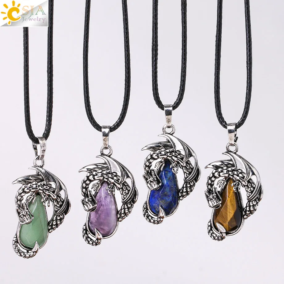 Healing Dragon Man Women Necklace Natural Stone Pendant Faceted Amethysts Pink Crystal Black Obsidian Necklaces Vintage Jewelry