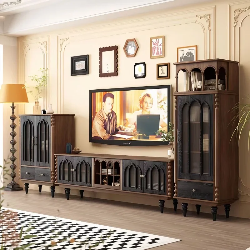 French TV cabinet coffee table combination, living room furniture solid wood floor cabinet, storage side cabinet