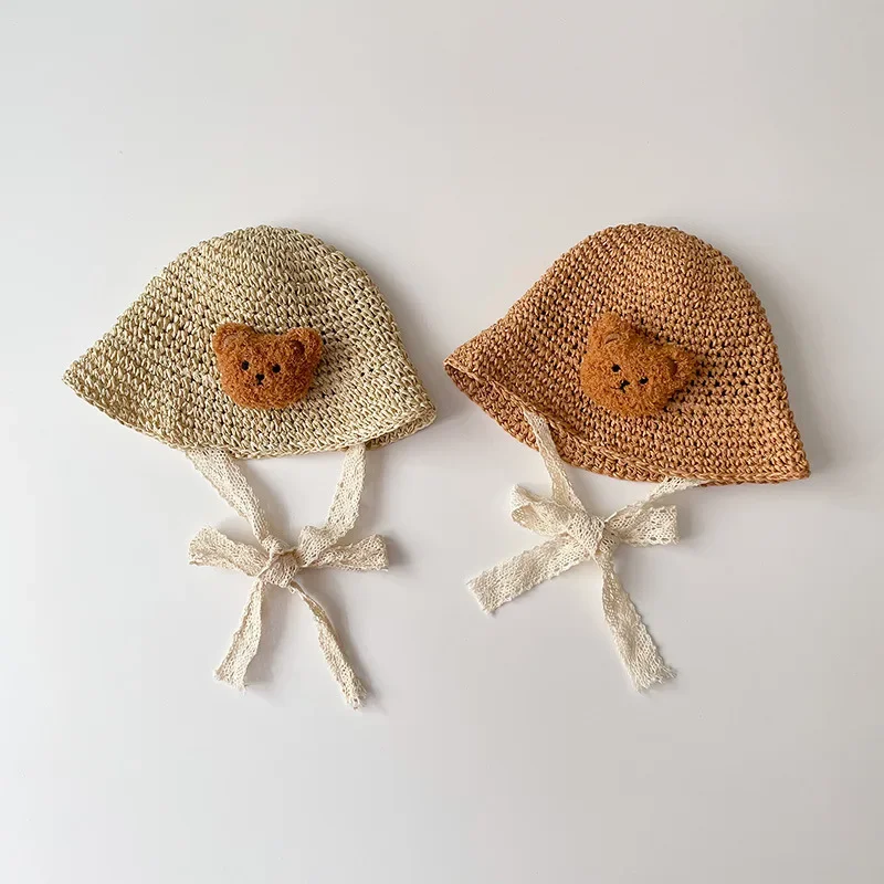 

Cute Cartoon Bear Straw Baby Hat Summer Sunshade Toddler Panama Sun Cap Lace Kids Boy Girl Bucket Hats