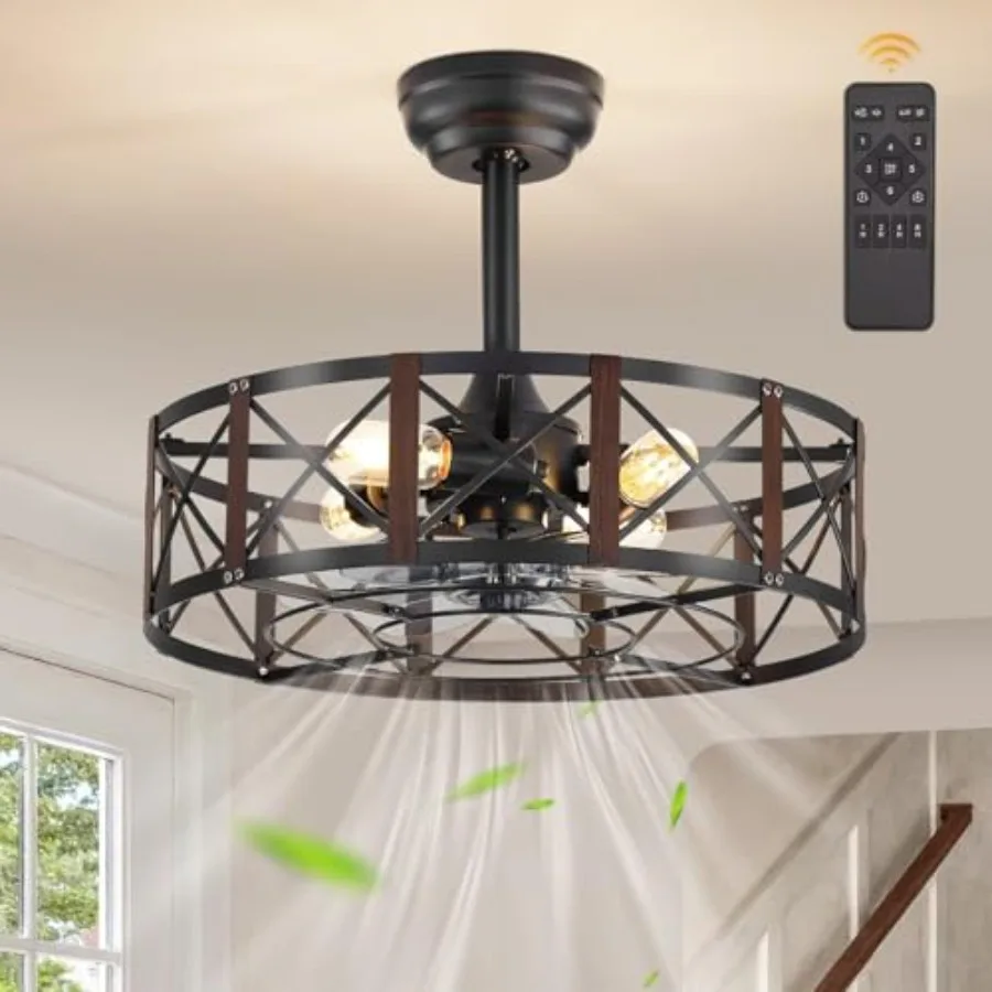 

20 Inch Fandelier Caged Ceiling Fan for Kitchen Bedroom, Walnut Finish Metal Blades, Black Frame, 6-Speed Remote Control with T