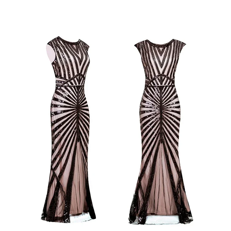 Abito da donna del Grande Gatsby degli anni '20 Lungo 20S 30S Flapper Vintage O Collo Sleepveless Backless Maxi Party per il cocktail di ballo MN4