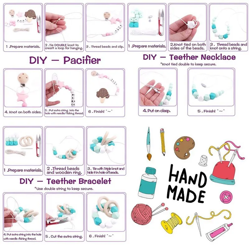 Let\'s Make Silicone Beads Set Wooden Rodent Food Grade BPA Free Fox Rabbit DIY Accessories Set Pacifier Chain Clips Nylon Rope