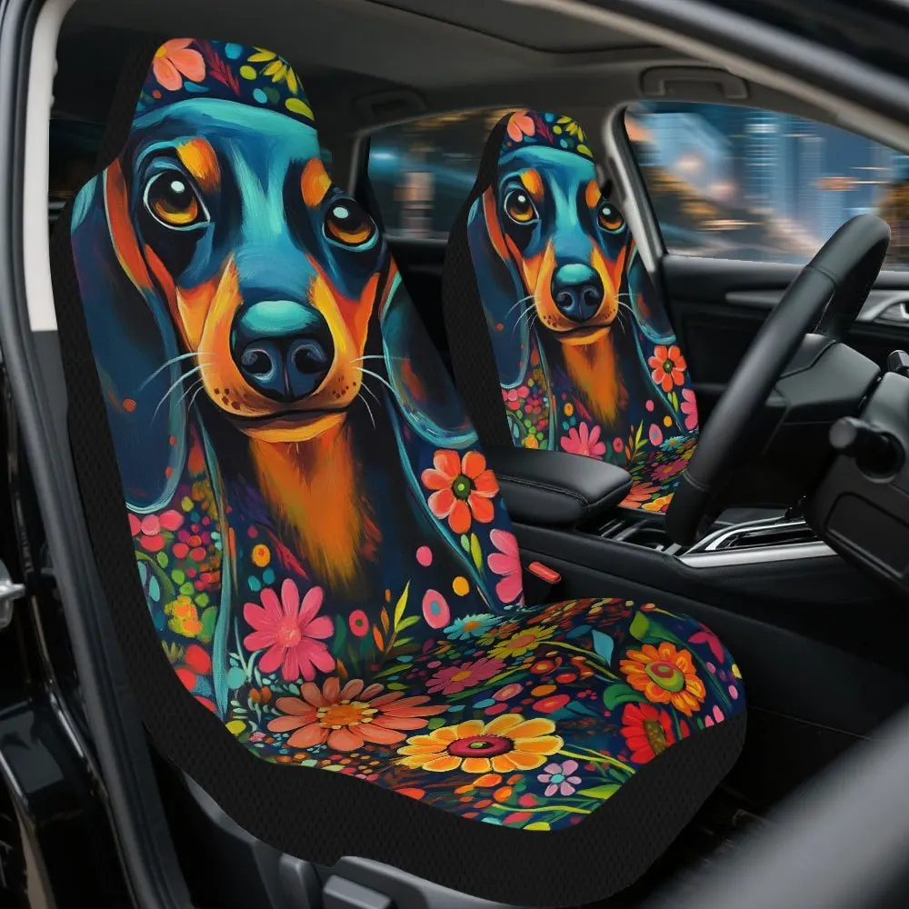 2pcs Floral Fantasia Dachshund Themed Car Seat Covers Set – Fit, High-Quality Full Set Of Front Seat Protectors, Durable And Fa