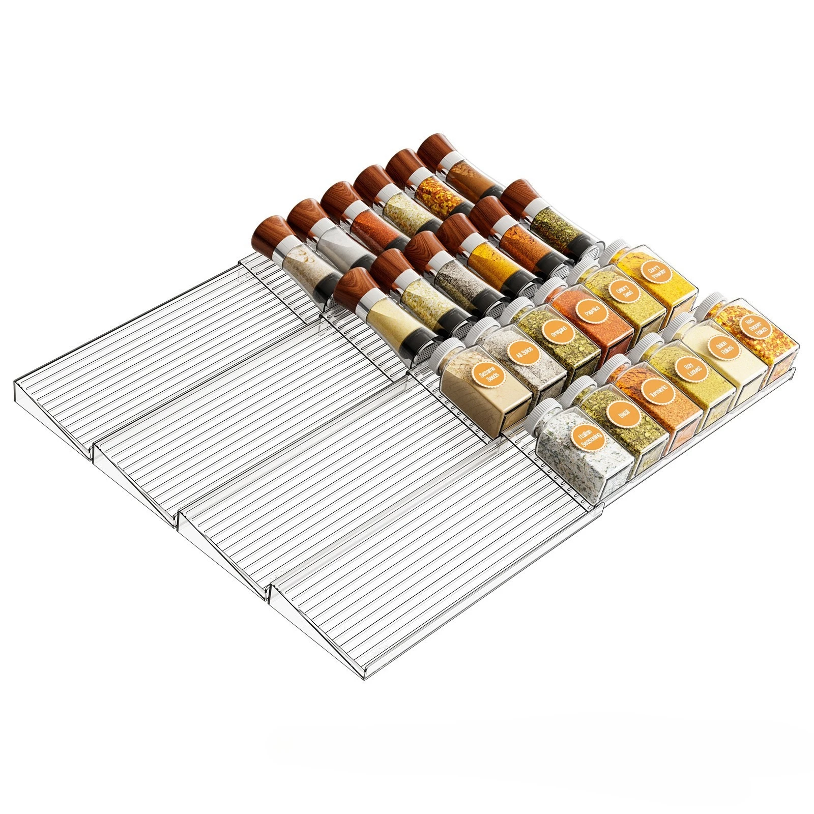 

Staged Spice Drawer Organizer Adjustable Acrylic Spice Jars Rack Tray Expandable Seasoning Organizer Cabinet Kitchen Shelves