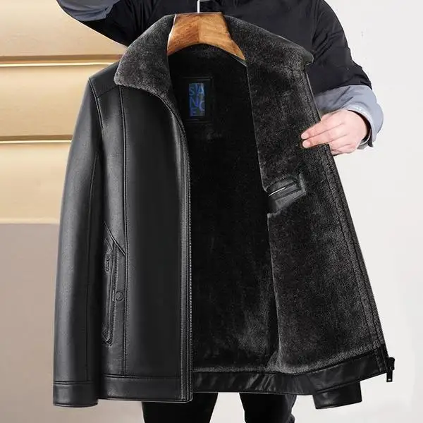 

New Men's Leather Jaet Thiened Fur Collar Casual Large Size Leather Coat Five Sve Long pe Polyester Fiber