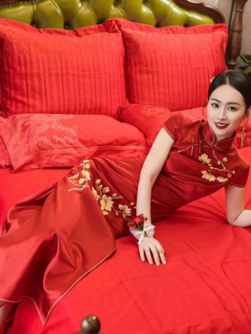 

New Chinese Style Red Floral Print Qipao Dress Wedding Celebration Ceremony Women's Summer Fashion High Waist A-Line Gown