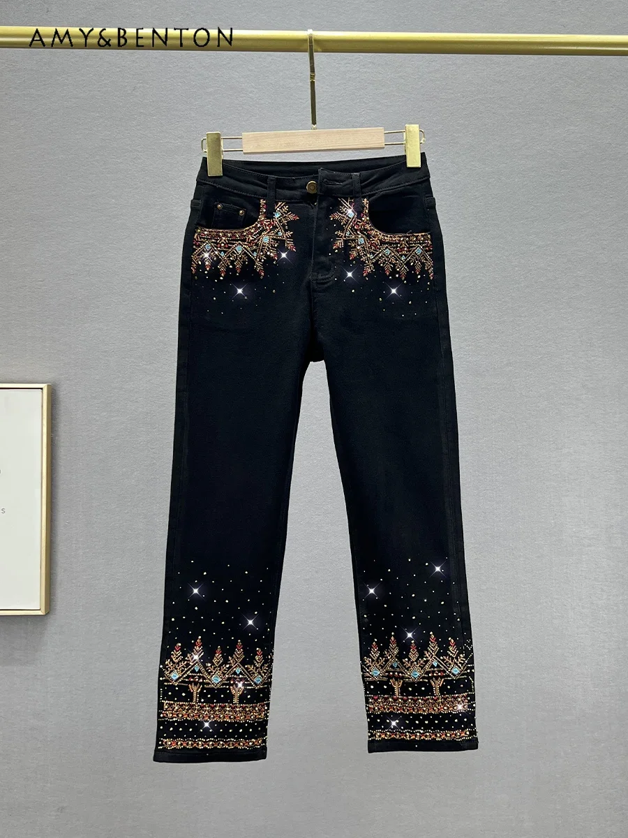 Heavy Industry Embroidery Hot Diamond Jeans Woman Autumn New Elastic High Waist Slim Eight-Point Pants Retro Straight Pants