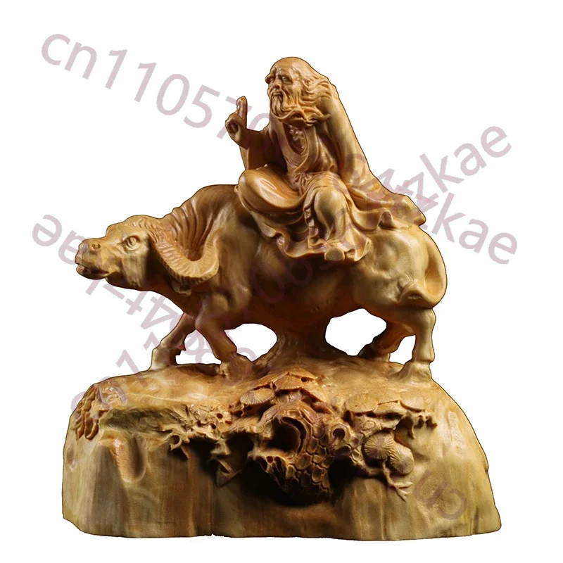 Hand Carved Wooden Lao Tzu Riding Ox Statue Figurine - Taoist Wisdom Chinese Mythology Sculpture Ornament