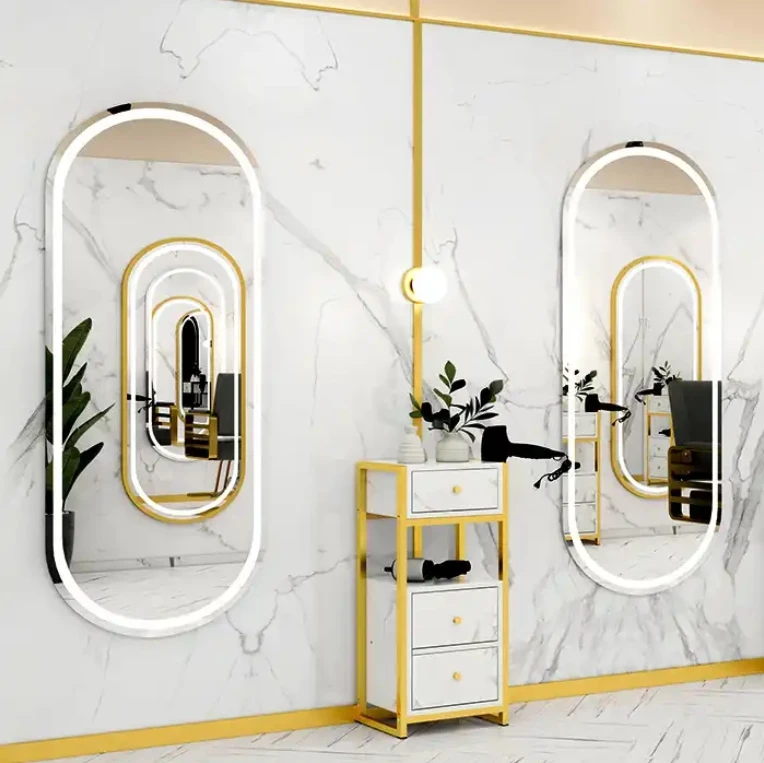 Mesa profissional beleza salão de beleza móveis espelhos dourados barbeiro para salão de beleza