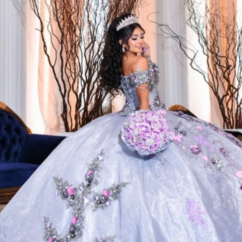 Lorencia Mexico Lavender Quinceanera Dresses Sweetheart Beads Appliques Lace Flower Ruffles Sweet 16 Vestidos De 15 Anos YQD216