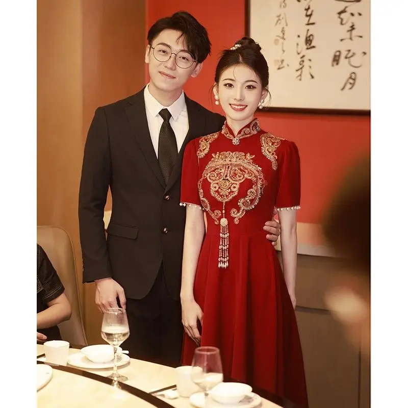 

Yourqipao New Chinese Improved Cheongsam Wedding Toast Dress Bride Red Back Door Evening Gowns Women Bridal Engagement Dress