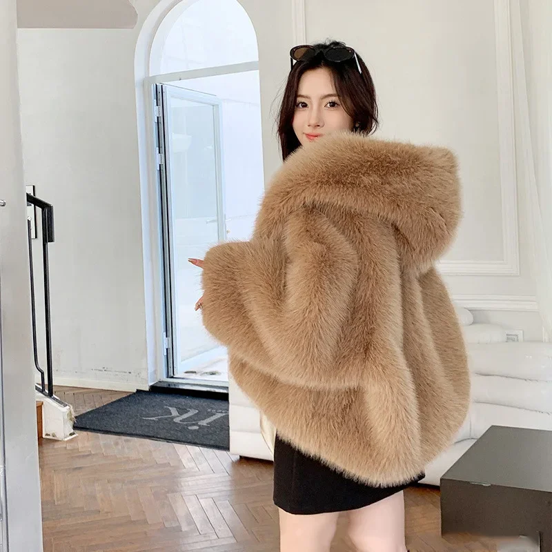 Nueva chaqueta con capucha de pelo de zorro de imitación de piel respetuosa con el medio ambiente, chaqueta cálida peluda de primera calidad coreana