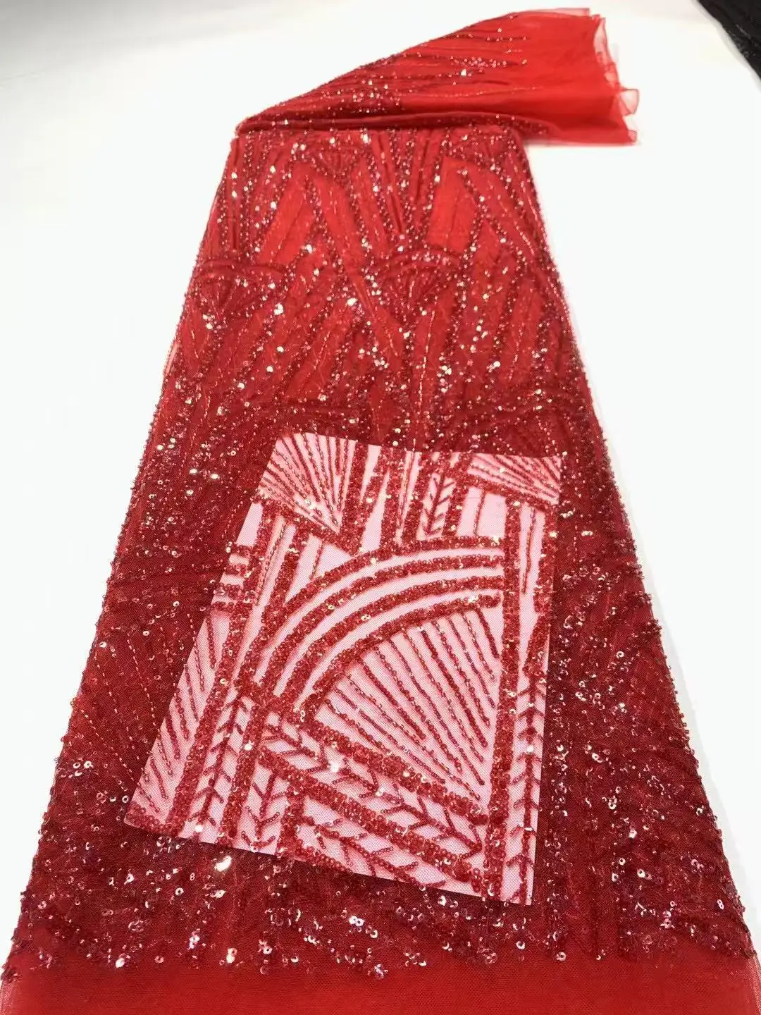 

Африканская кружевная ткань с бисером 2026, ярко-красная нигерийская кружевная ткань с блестками, швейный материал для свадебного платья, 5 ярдов