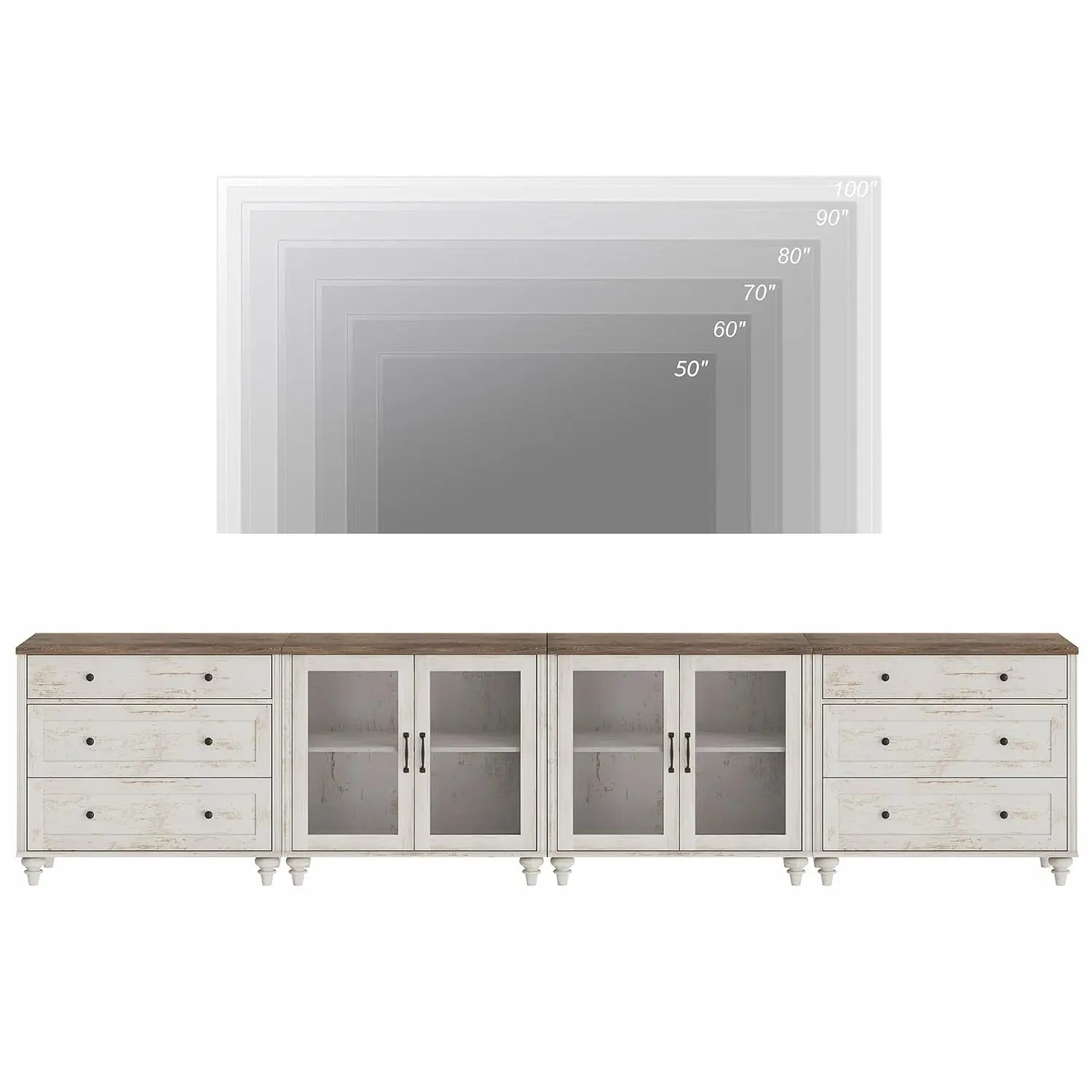 White TV Stand up to 110 inch, 4 in 1 Entertainment Center with Storage & Glass Doors, Console with 6 Drawers , Customized