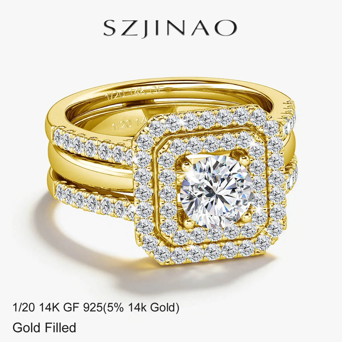 

Luxury 2pcs Ring Set 14K Gold Filled 1ct D Color Moissanite Double Halo Square Stackable Ring Set for Women Bridal Wedding Gift
