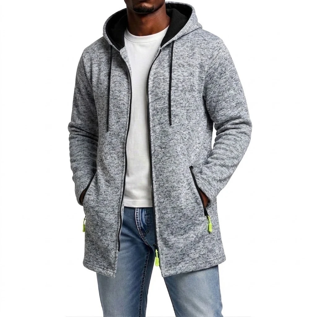 Neuer Herren-Hoodie mit Reißverschluss, lässiger mittellanger Sweatshirt-Fleece-Mantel, warmer Winter-Kapuzenmantel mit Reißverschlusstaschen. – Detail 4
