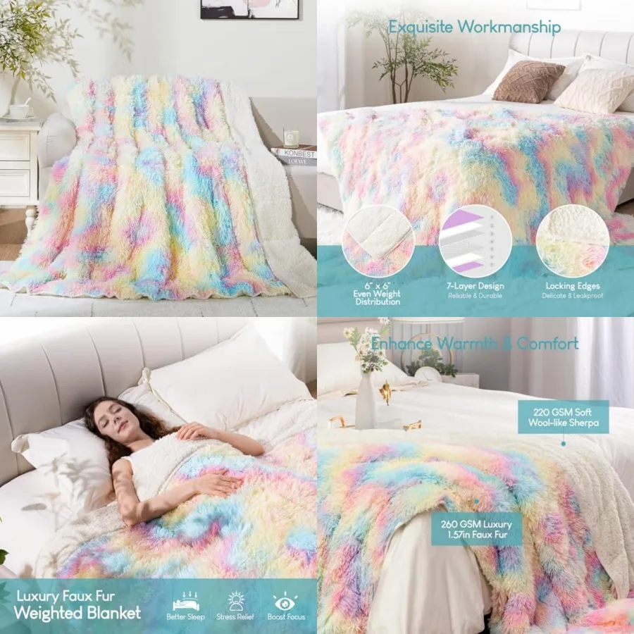 

Weighted Blanket 15lbs Queen Size, Soft Faux Fur Sherpa Blanket, Reversible Fluffy Fleece Reverse Blankets, Warm and Cozy Rainb