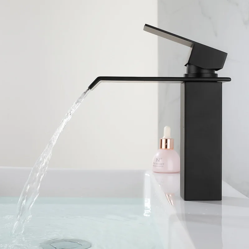 Deao Wholesale Gold and Black Waterfall Faucet Bathroom Basin Faucet Mixer Tap Hot and Cold Sink Faucet