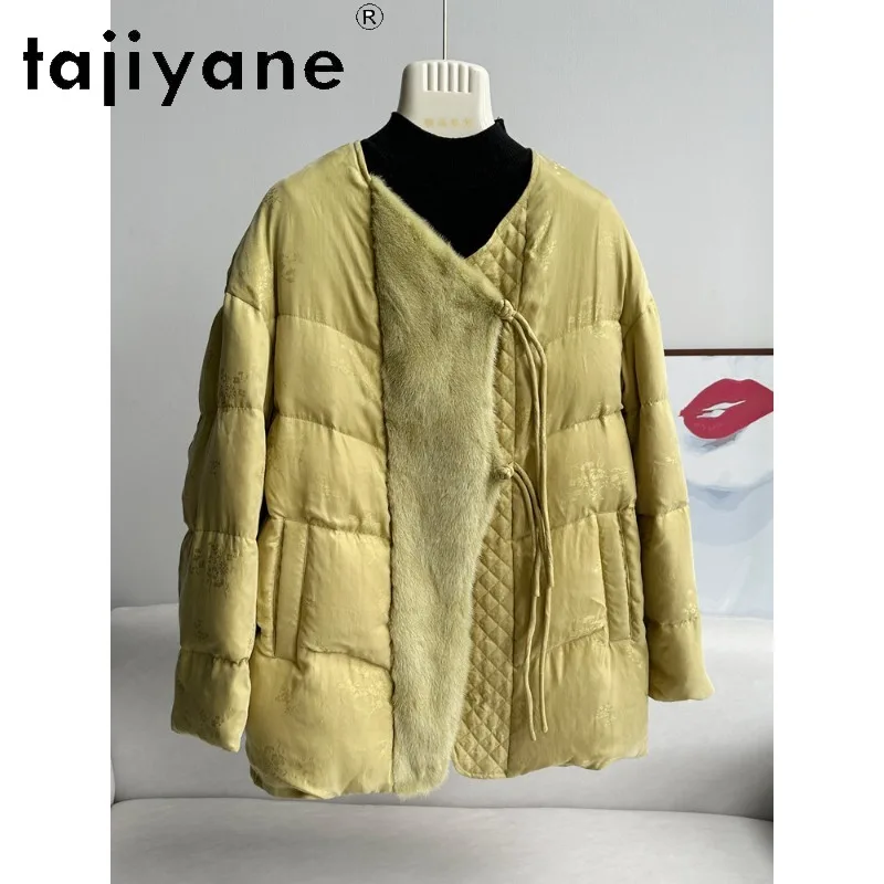 TAJIYANE High Quality Mink Fur Spliced Goose Down Jacket Women Winter Coat Mid Length Puffer Jacket Round Neck Coats for Woman