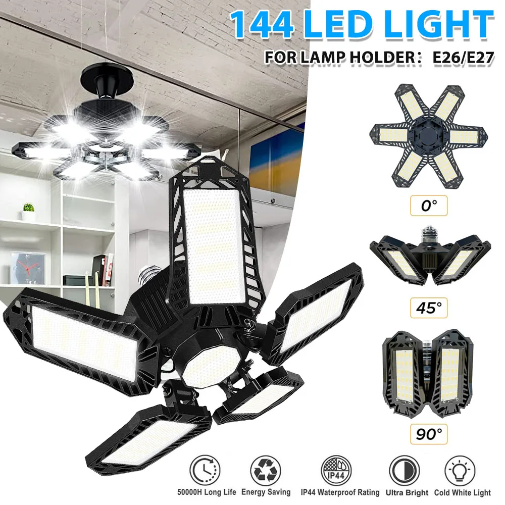 LED Garage Light E27/E26 Djustable 6 Panel Led Lamp Deformable LED Garage Ceiling Light AFor Garage Workshop Industrial Lighting