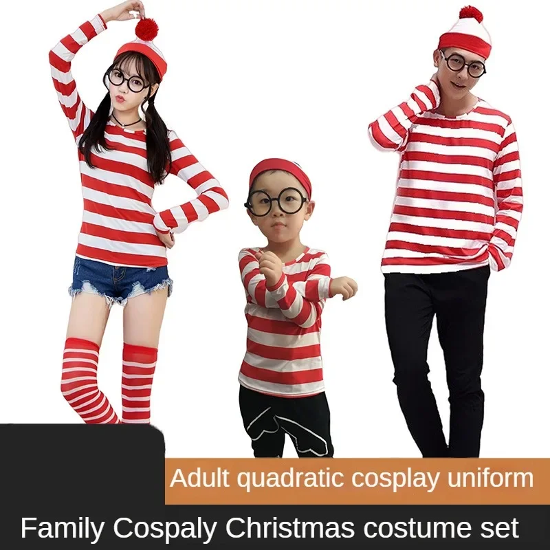 Smart Wally Clothing British Anime Men and Women Where's Wally British Cartoon Characters Striped Parent-child Cosplay Costumes