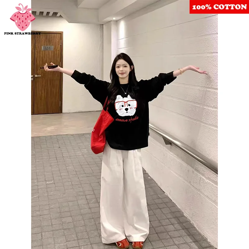 

American Cute Puppy Print T-shirt Women Autumn Winter 2025 New 100% Cotton Oversize long-sleeved T-shirt Top Y2k Ladies clothing